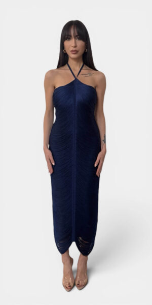 VESTITO MAXI DETTAGLIO FRANGE COLOR BLU